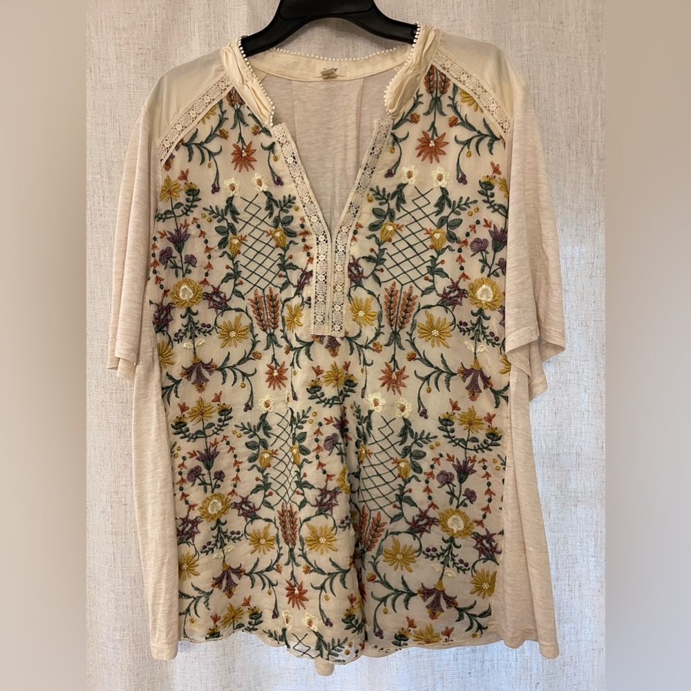 Anthropologie Cream Floral Embroidered Split-Neck Blouse